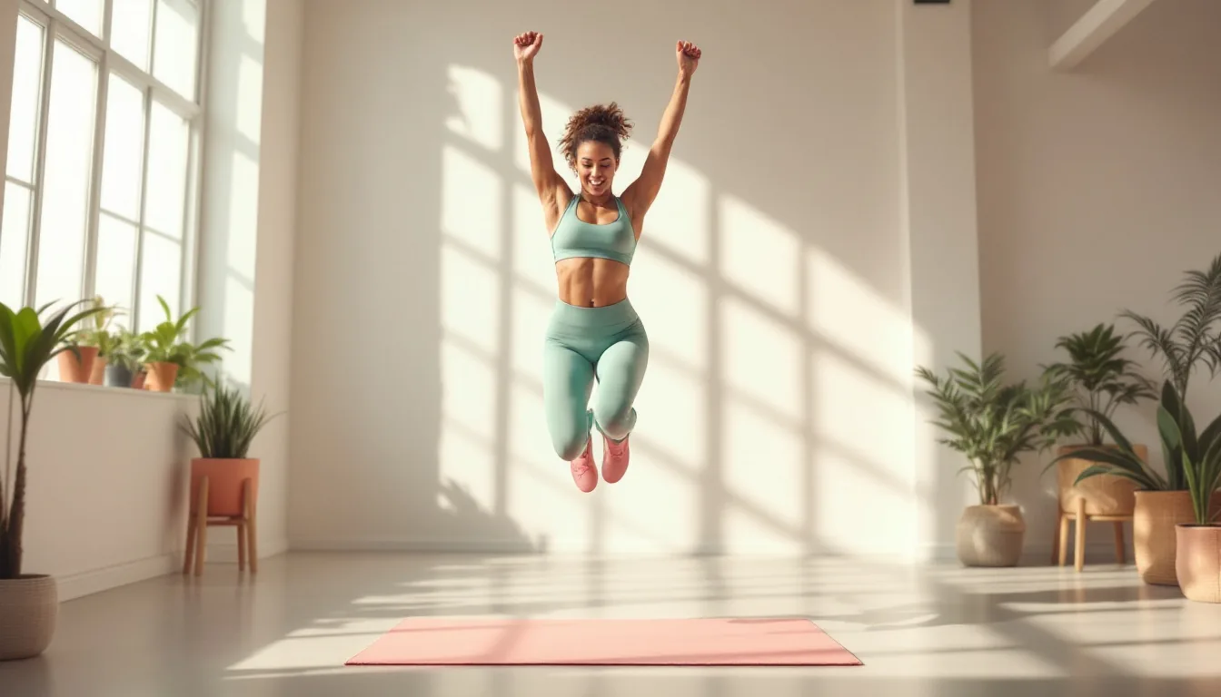 An energetic woman mid jumping jack in a bright gym studio, slight motion
