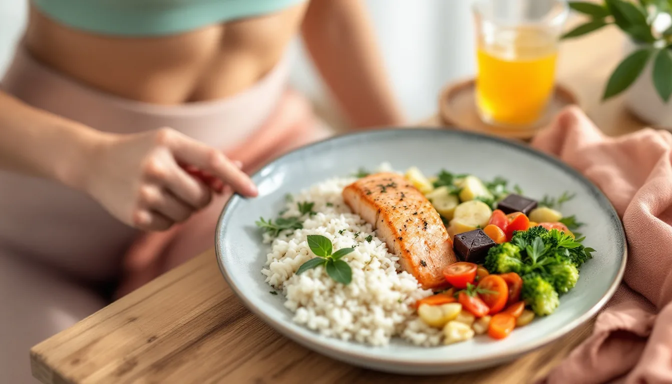 A balanced dinner plate with grilled salmon, rice and roasted vegetables on a wooden kitchen table, a small square of dark chocolate on a side plate