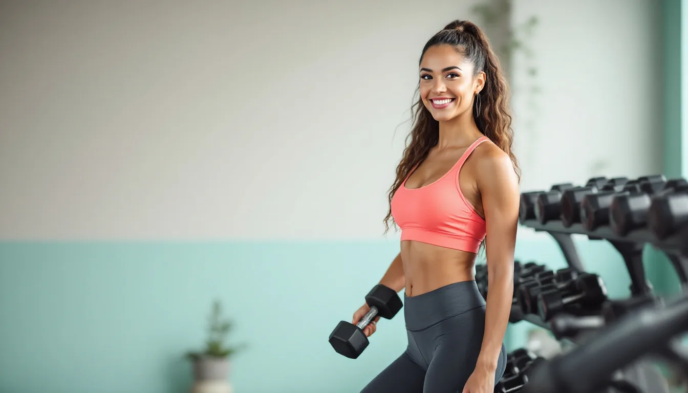 A confident woman standing beside a dumbbell rack in a modern gym, holding a pair of dumbbells