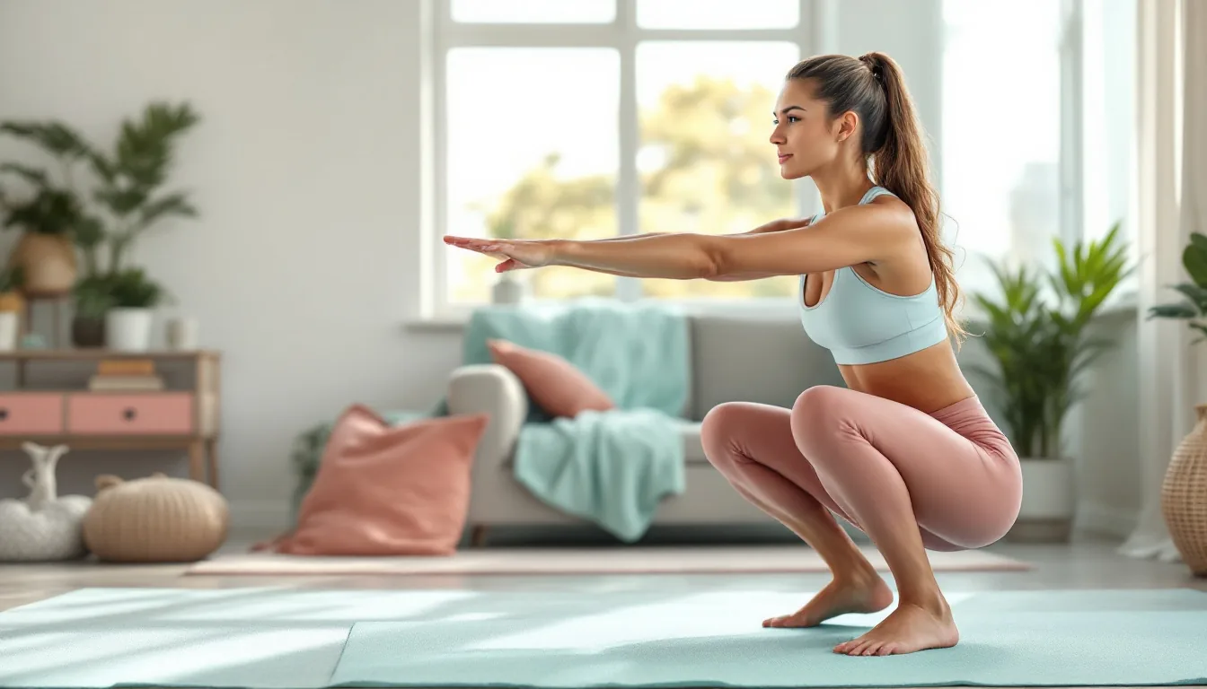 A woman doing a bodyweight squat in a bright living room, arms extended forward for balance