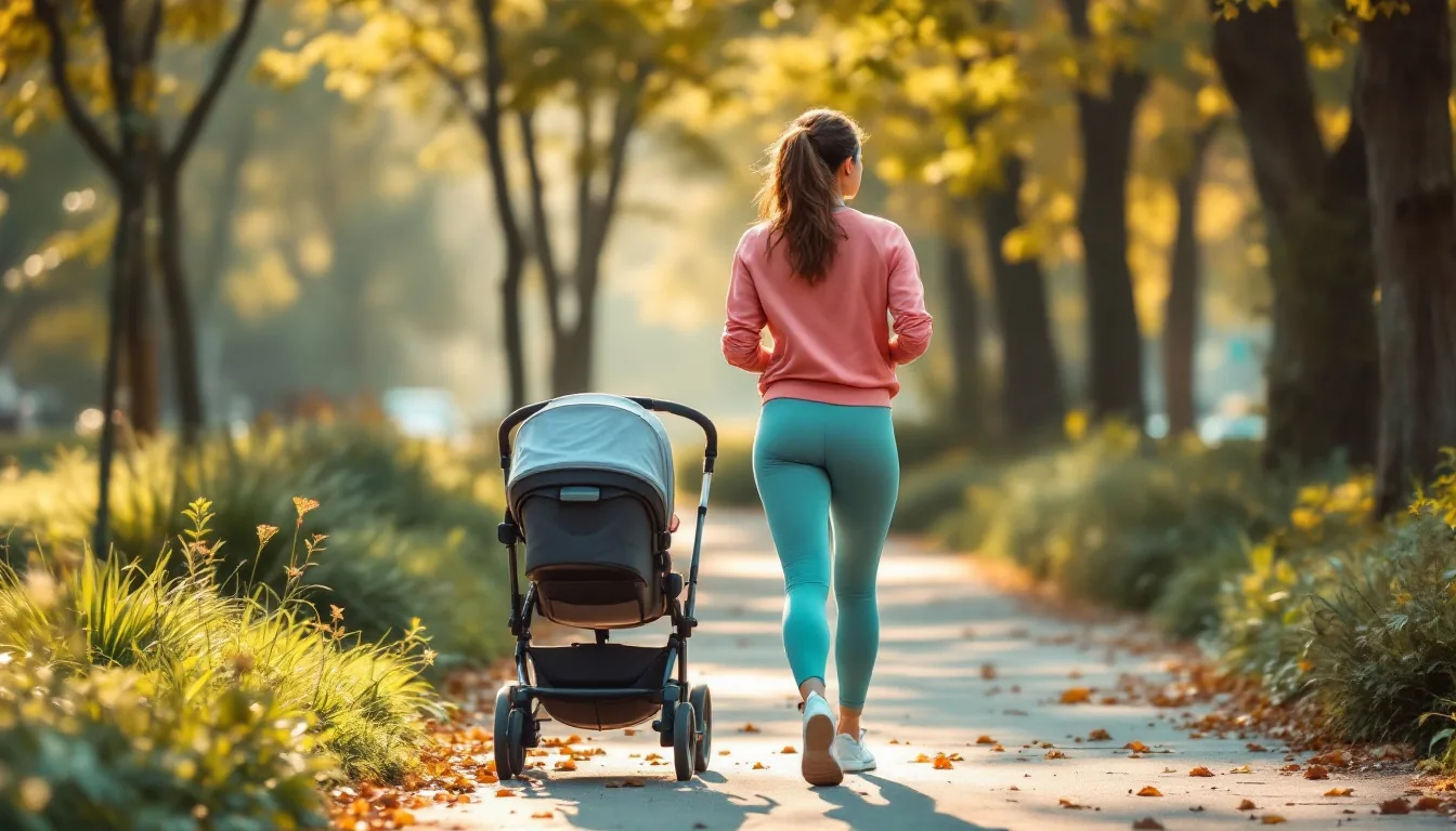 A mother walking with a baby stroller along a park path, soft morning light, seen from a distance