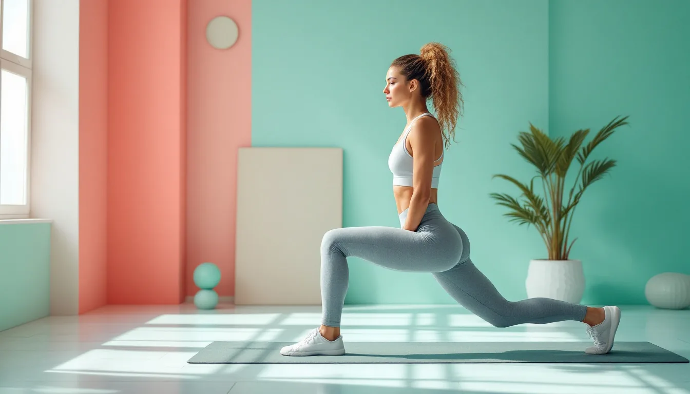 A woman doing a reverse lunge in a bright gym, front knee over ankle