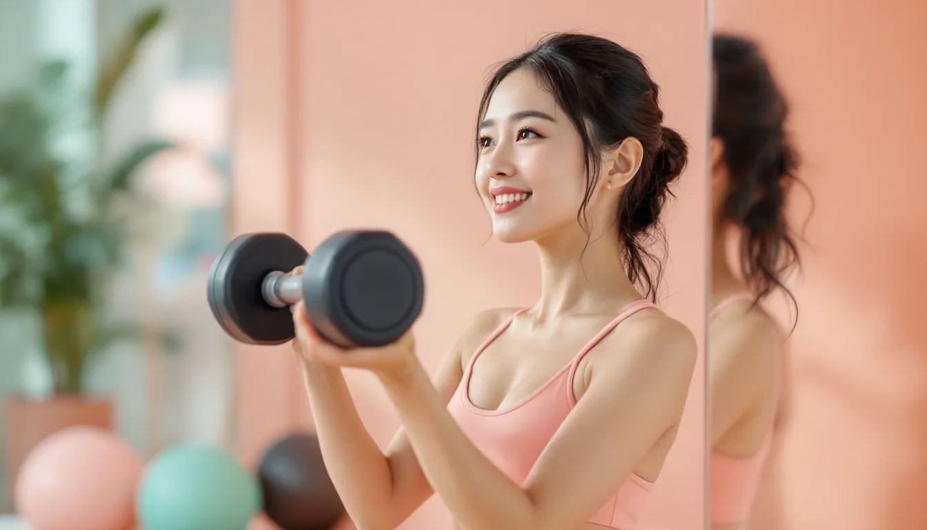 An East Asian woman doing a seated dumbbell shoulder press on a gym bench
